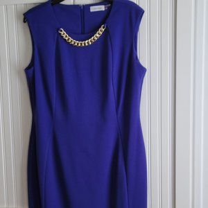 Calvin Klein Blue Dress with Gold Chain Neckline Size 14